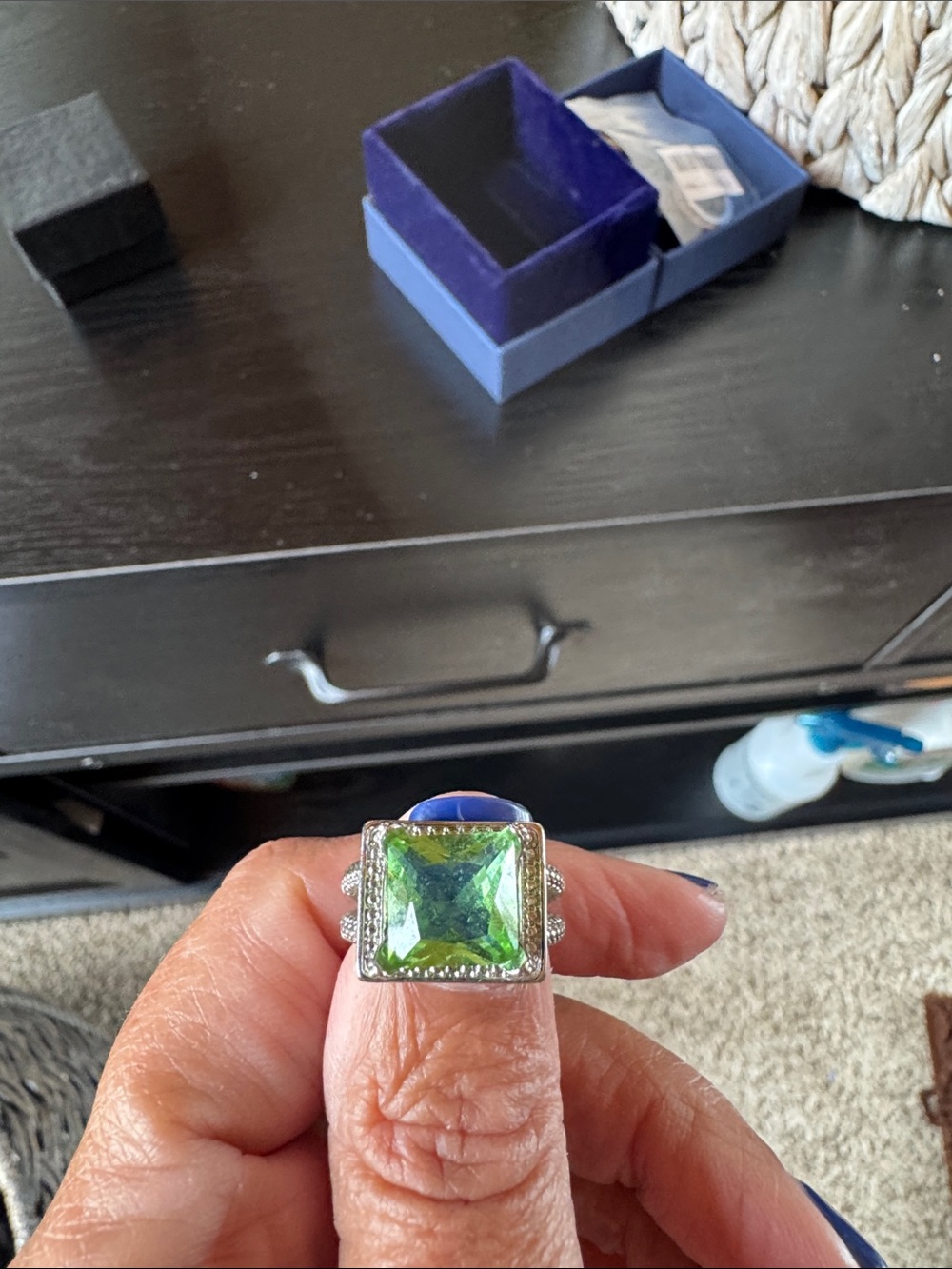 Square Green Gemstone Halo Ring - Women Jewelry